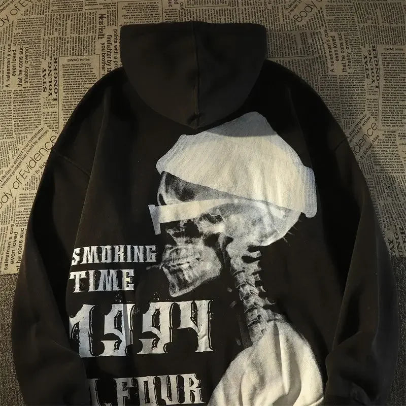Dark Wind Skull Print Casual Hoodie Black / M
