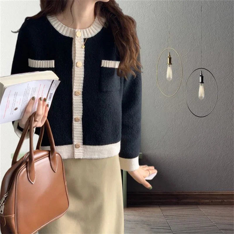 Patchwork Single Breasted Knit Long Sleeve Cardigan Black / One size(40kg-60kg) cardiagn-250126