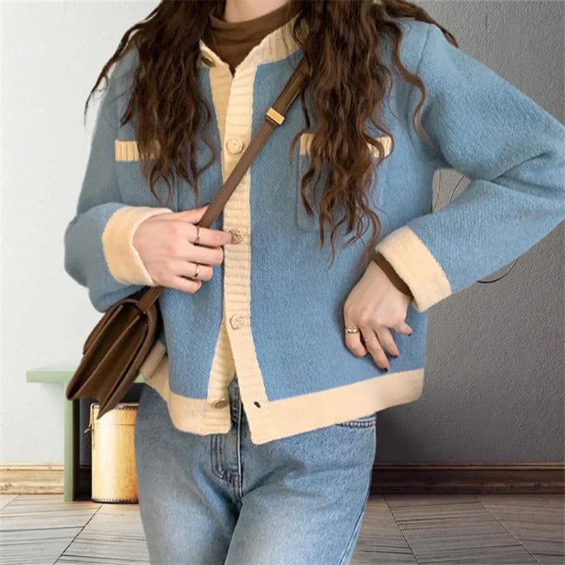 Patchwork Single Breasted Knit Long Sleeve Cardigan Blue / One size(40kg-60kg) cardiagn-250126