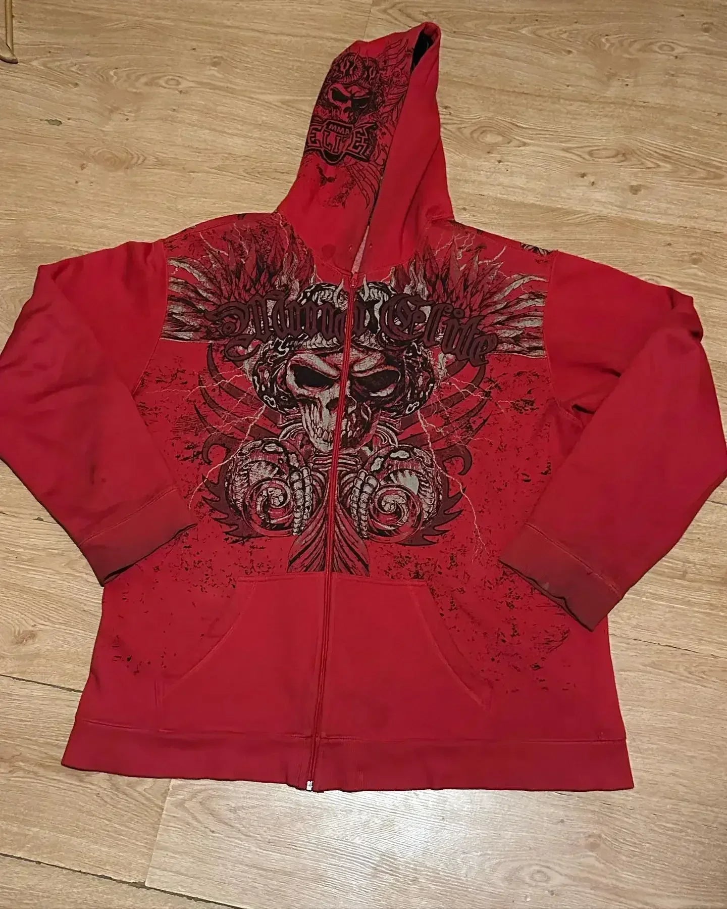 Dark Skull Print Zip Hoodie red / S
