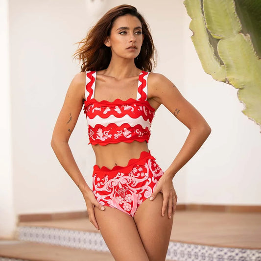 Red Wavy Stripes Skirt Two Piece Set red / S