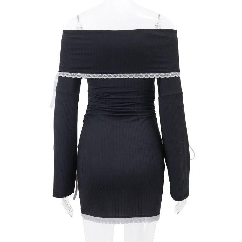 Black Long Sleeve Charming Off-Shoulder Bow Mini Dress