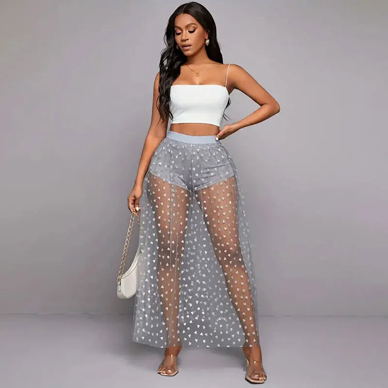 See Through Lace Maxi Party Skirt gray / S