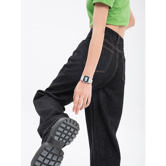 Leg High For Vintage Black Jean Straight Pants Trouser Wide Waist Denim - Women
