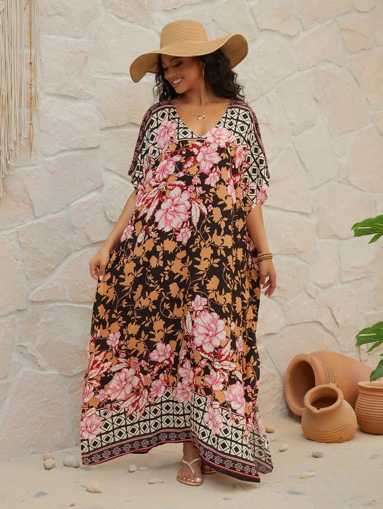 Plus Size Boho Floral Beach Cover Up color2 / One Size