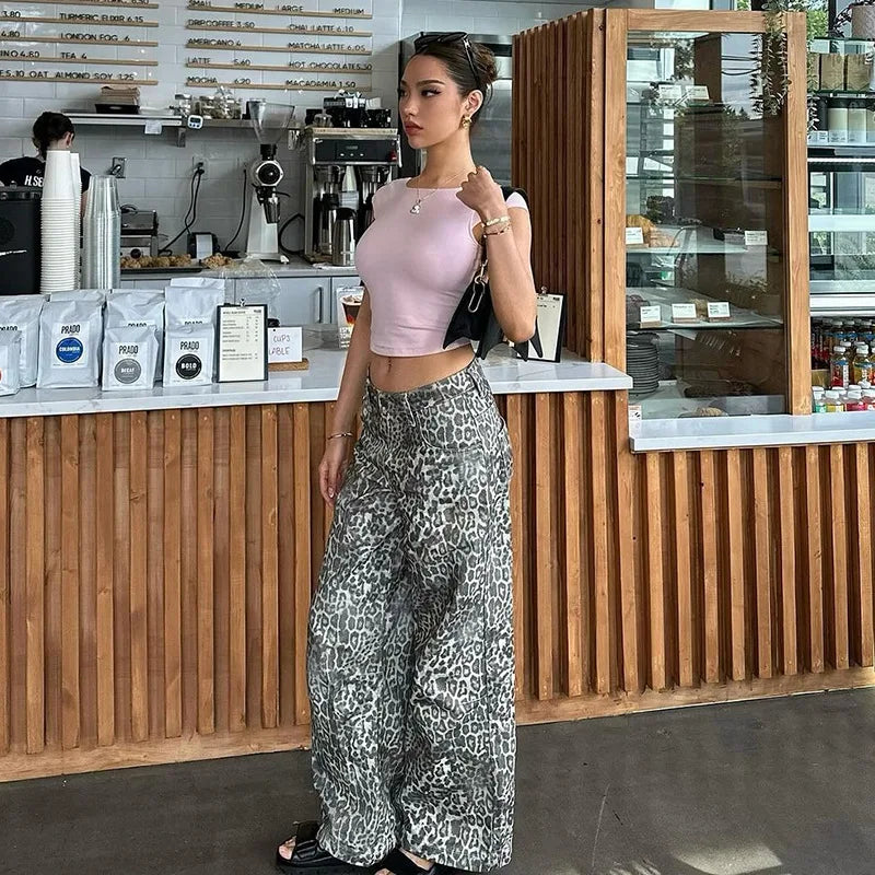 Leopard Print Stylish Straight Trousers Long