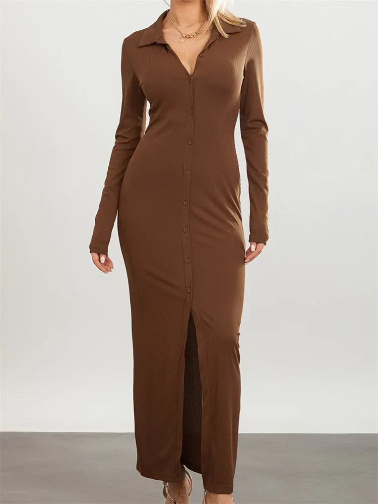 Women Slim Fit Sleeve Button Down Turn Collar Evening For Spring Fall Female Vestidos