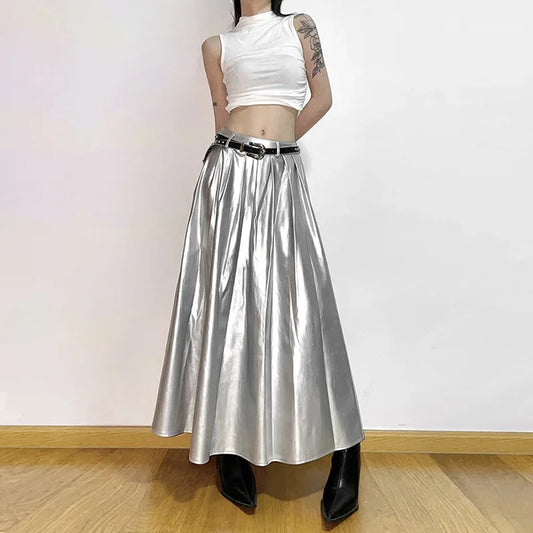 High Waist Pleated Cyberpunk Skirt silver / S