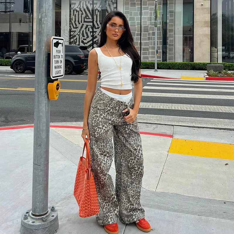 Leopard Print Stylish Straight Trousers Long