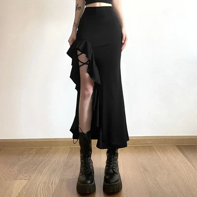 Ruffles Split A-line Party Skirt Black / S