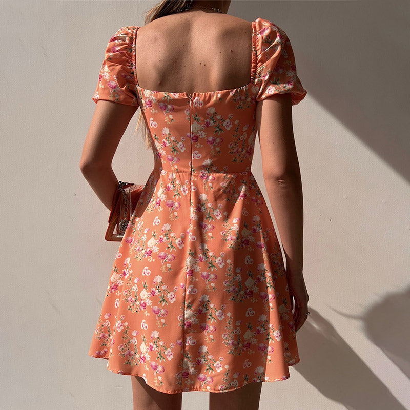 Waist Arm A-Line Puff Women’s V-Neck High Flowered Dress S / White Dresses