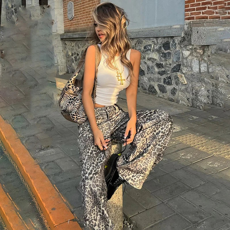 Leopard Print Stylish Straight Trousers Long