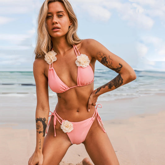 Neckholder-Bikini-Set mit 3D-Blumenmuster