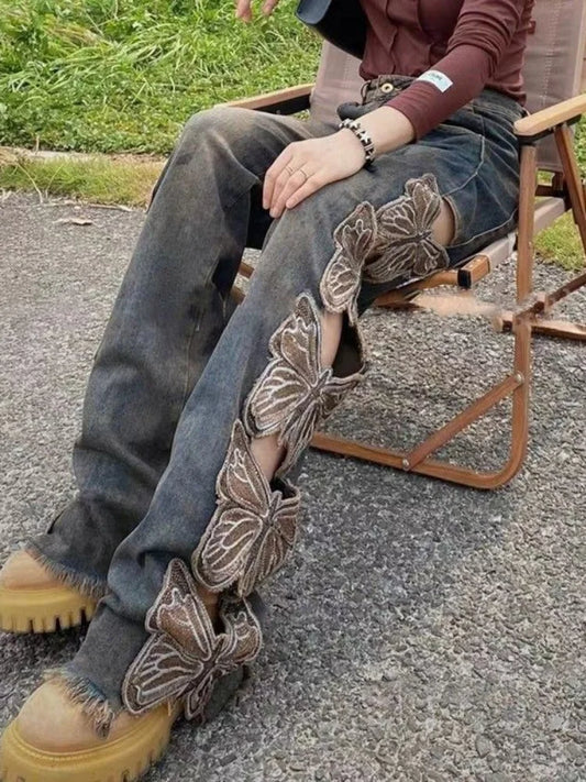 Mode Vintage Schmetterling Aushöhlen Jeans