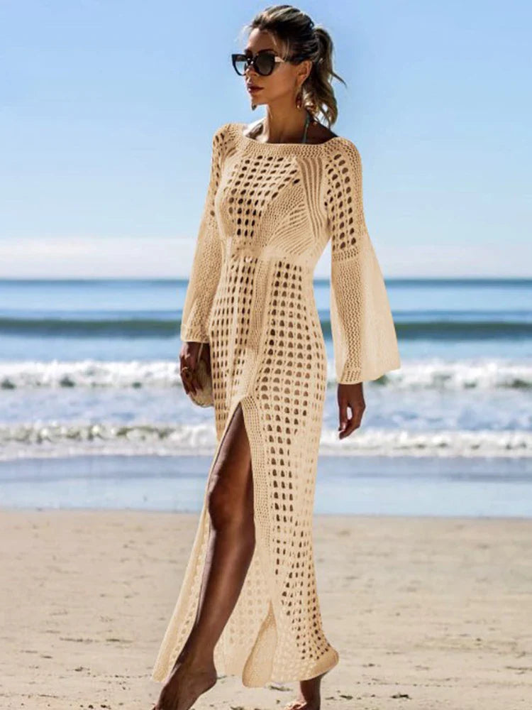 Long Sleeve Hollow Out Bikini Cover Up APRICOT / One Size