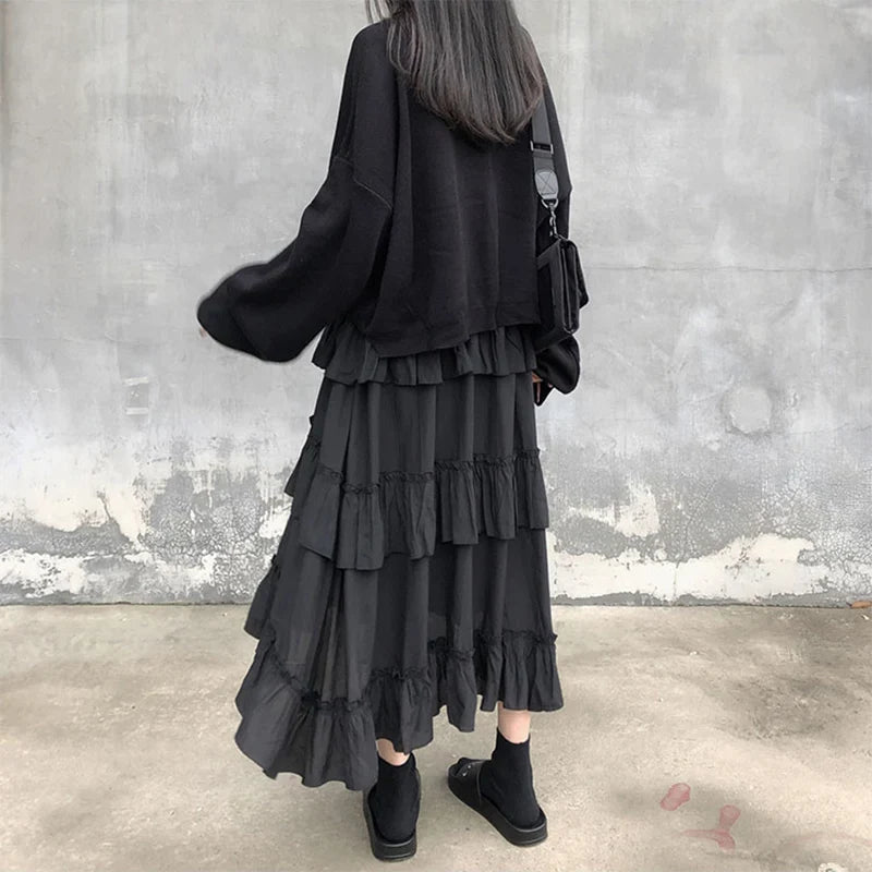 Gothic High Low Ruched Ruffle Skirt