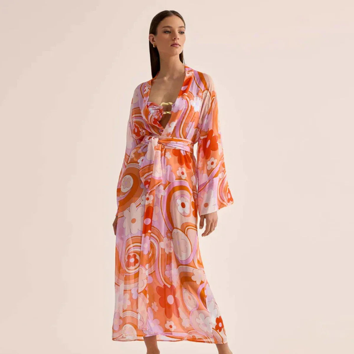 Print One-Piece Swimsuit Cover Up pink2 / S