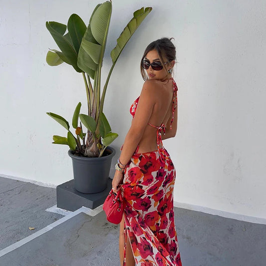 Folwer Print Skirt Three Piece Swimsuit Red / S