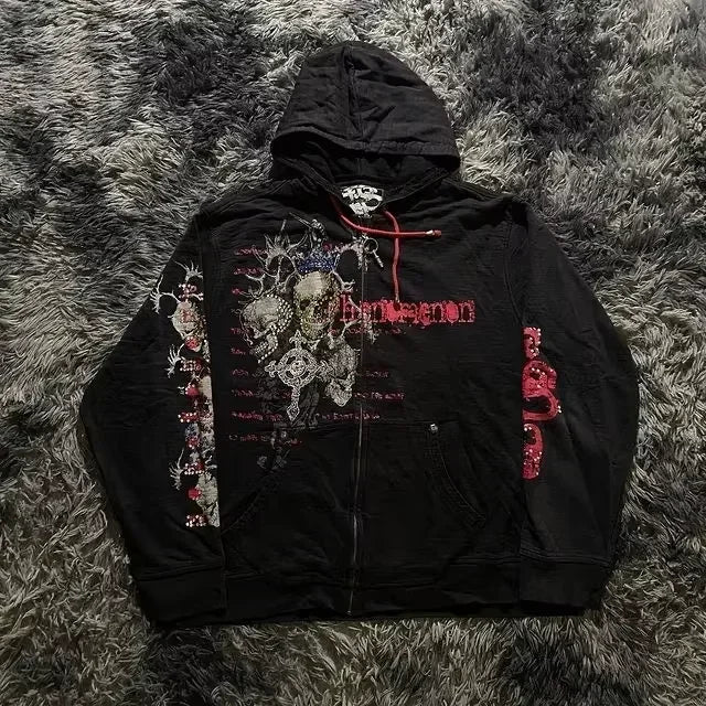 Y2K Gothic Skull Zipper Hoodie black4 / S