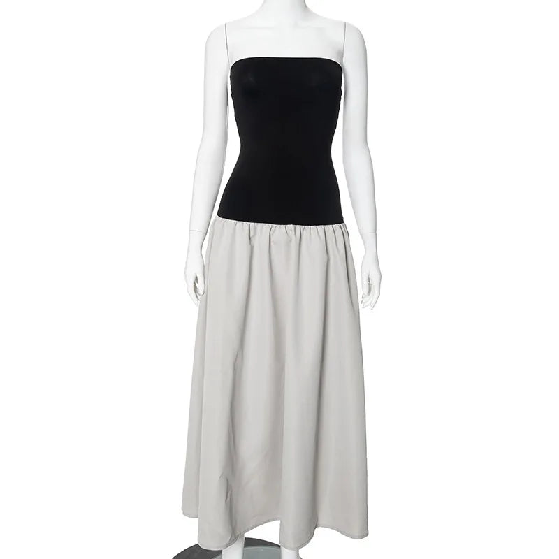 Black And White Charming Colorblock Tube Maxi Dress Open Shoulder Midi