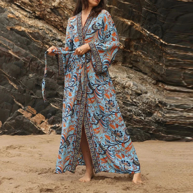 Retro Floral V-Neck Beach Cover Up 03 Blue / One Size