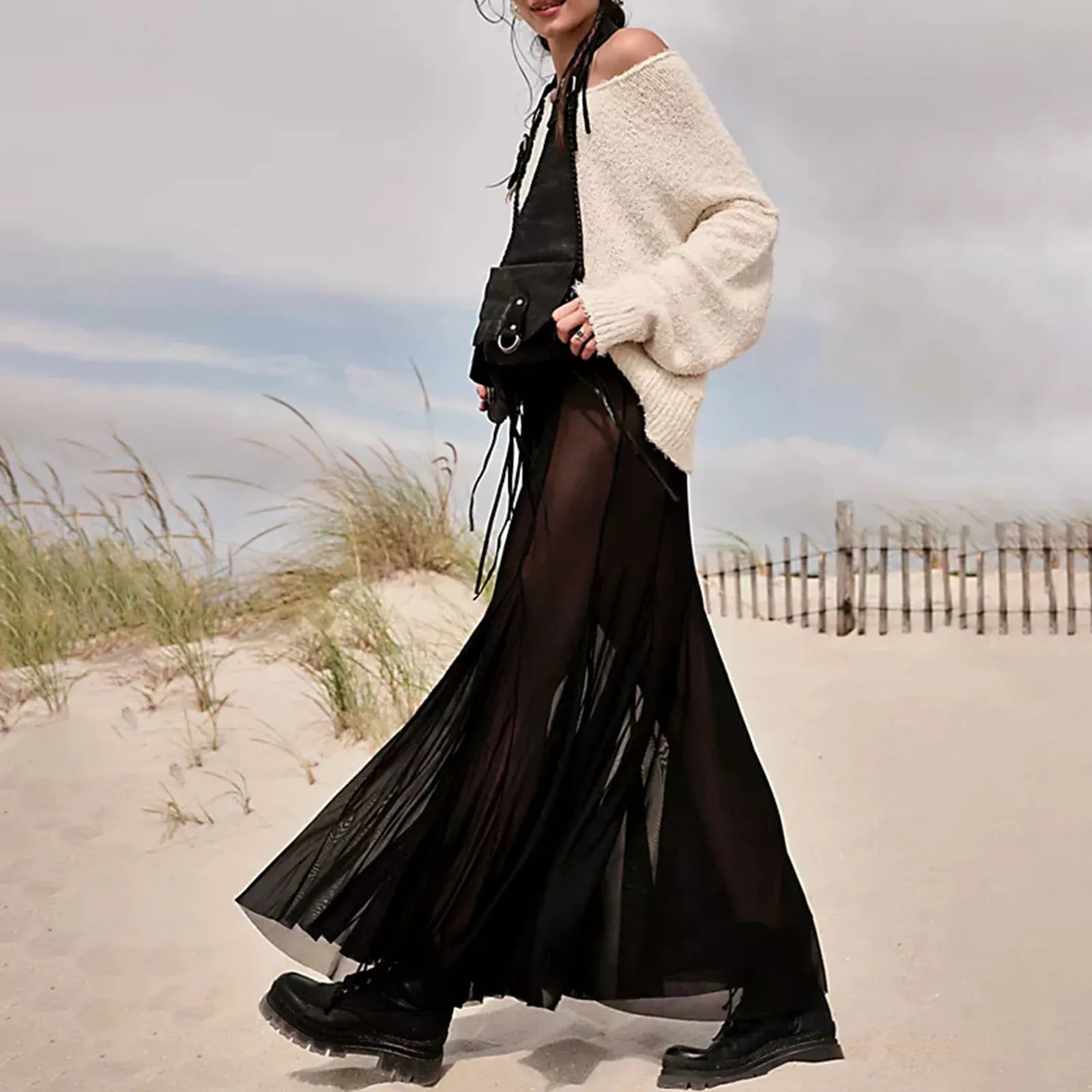 Mesh Transparent Frill Midi Skirt Black / S