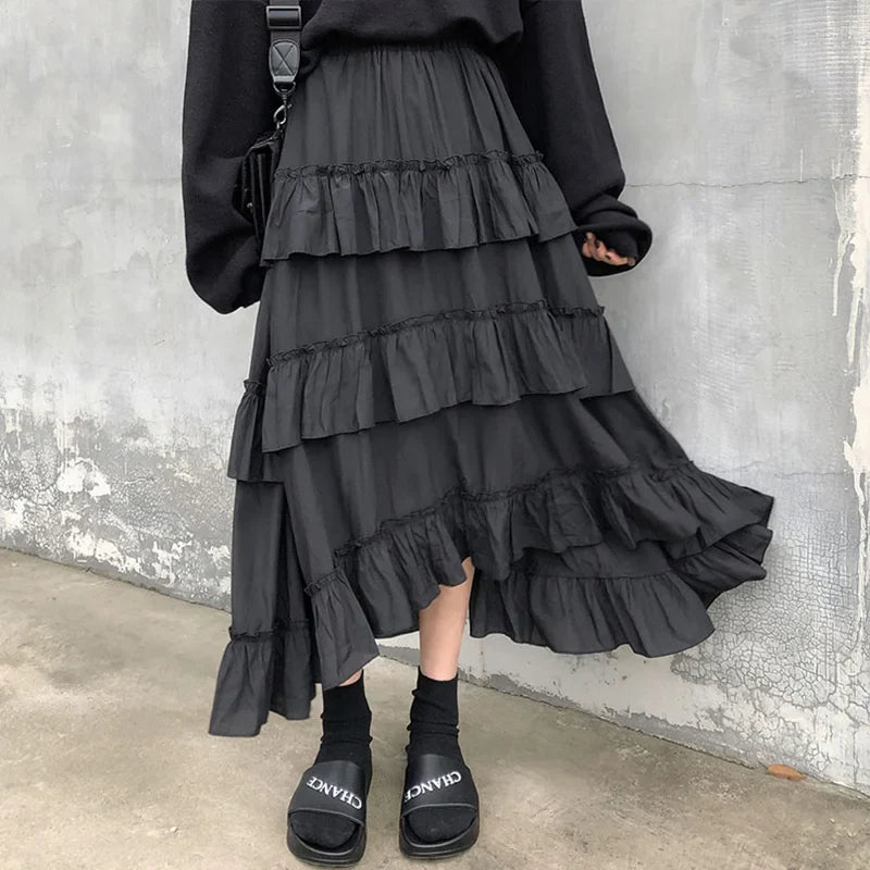 Gothic High Low Ruched Ruffle Skirt Black / S