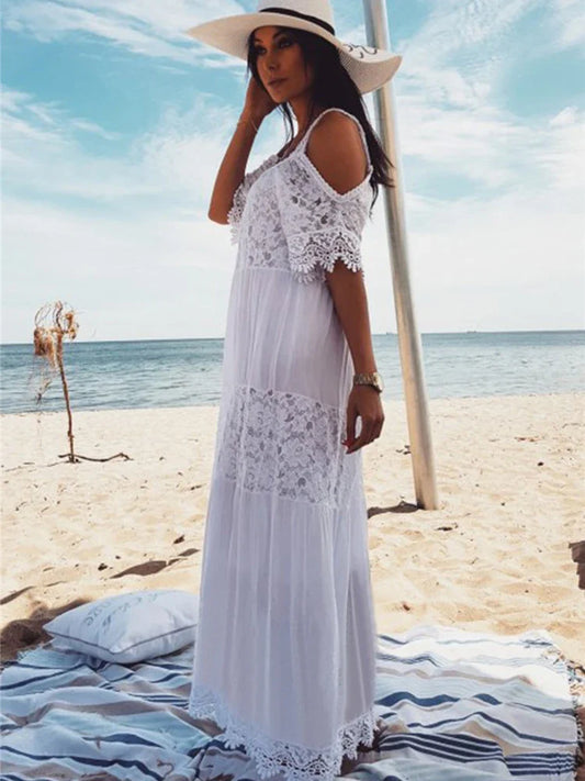 Lace Off Shoulder Bikini Cover Up WHITE / One Size