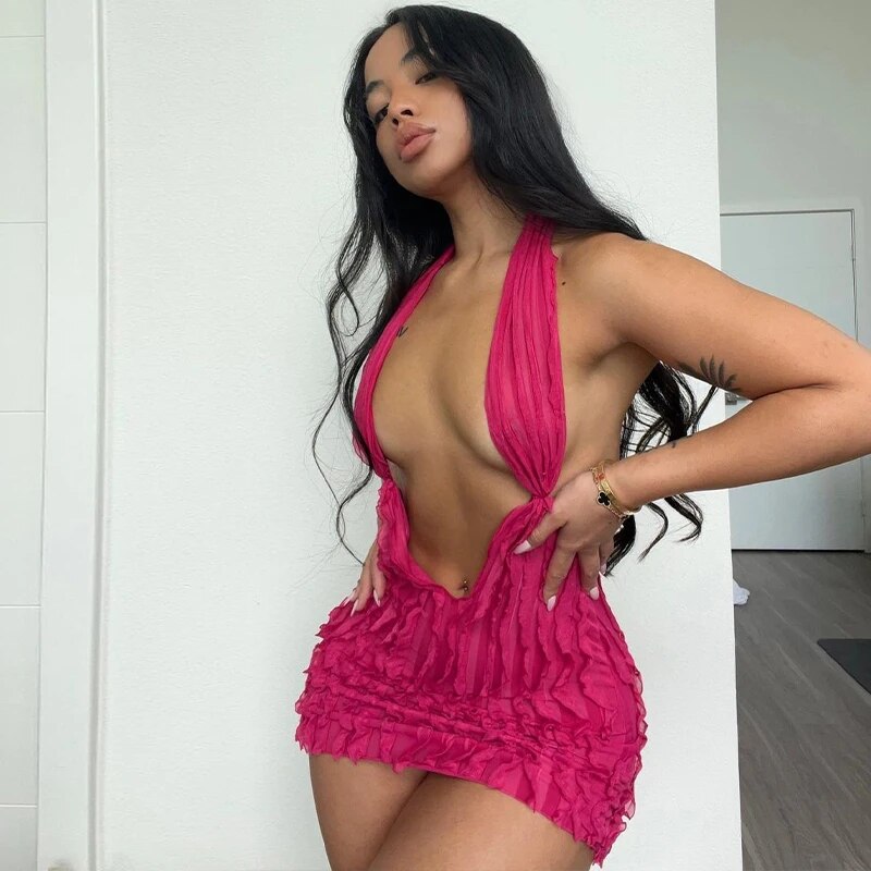 Pink Ruffles Deep Charming V-Neck Mini Dress