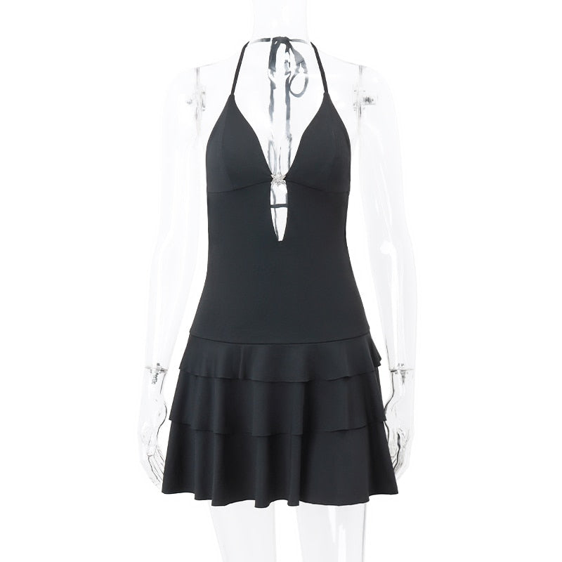 Black Deep V-Neck Charming Backless Frill Mini Dress