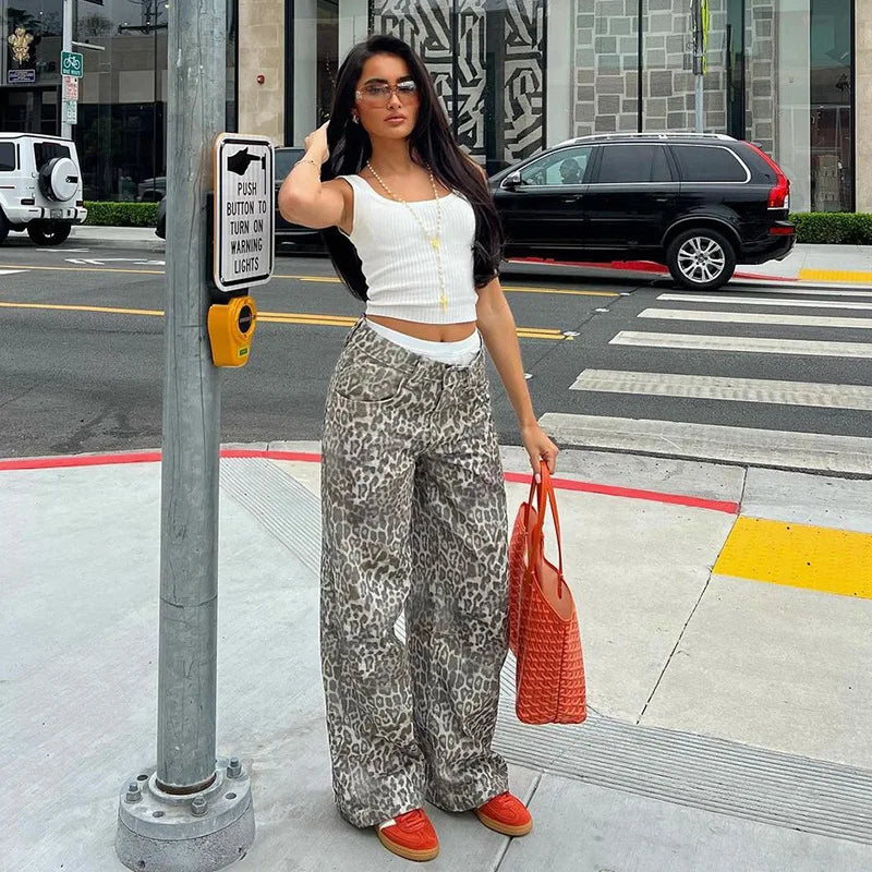 Leopard Print Stylish Straight Trousers Long