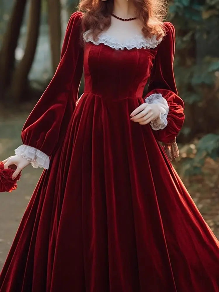 Elegant French Hepburn Velvet Drape Red Christmas Party Dress Dresses-L