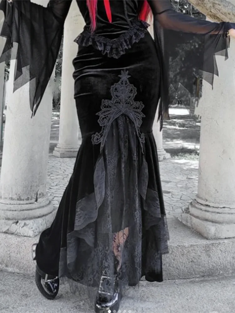 Velvet Lace Patchwork Trumpet Skirt Black / S