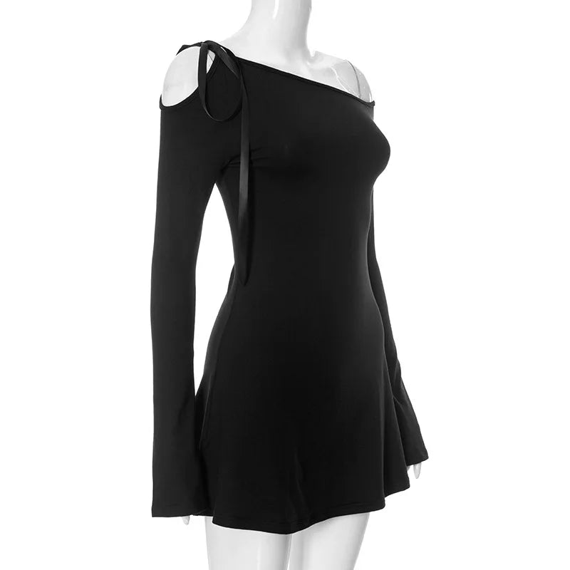 Long Shoulder Tie Up Graceful Hollow Out Mini Dress Solid
