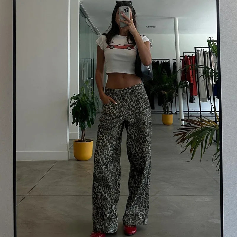 Leopard Print Stylish Straight Trousers Long