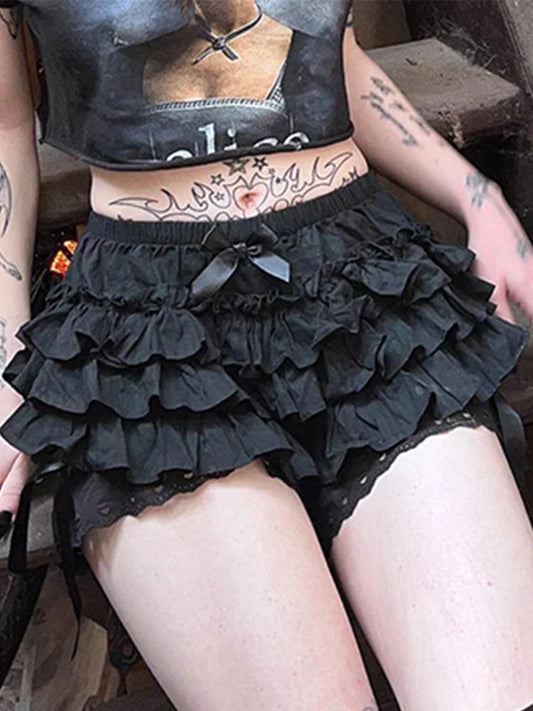 Chuckle Lace Bow Patchwork Skirt Black / S