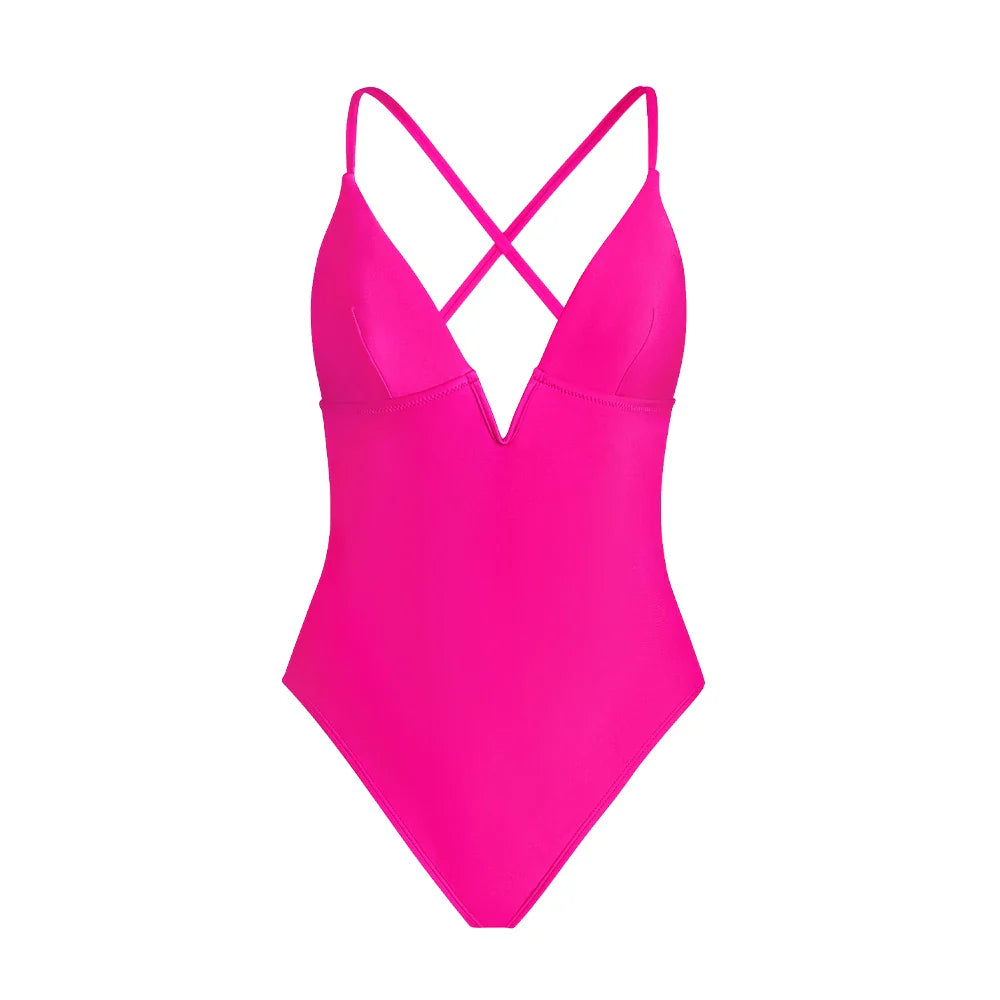 V-Wire Plunge One Piece Backless Set pink / XS