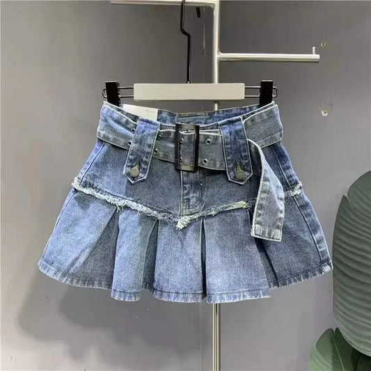 Multiple Zippered Elevated Waist Leather Skirt blue / S
