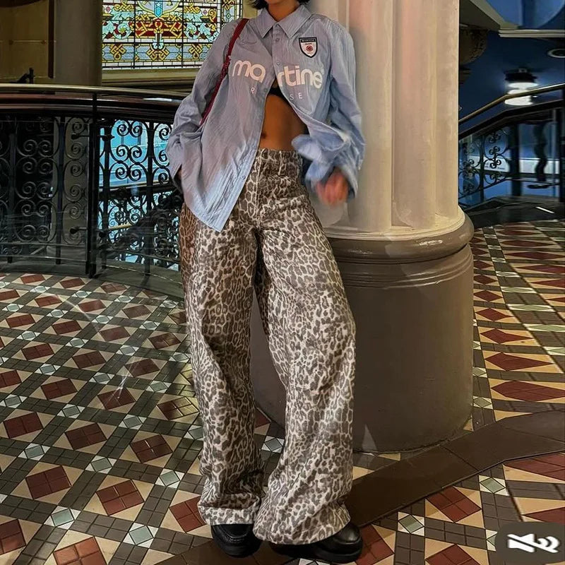Leopard Print Stylish Straight Trousers Long