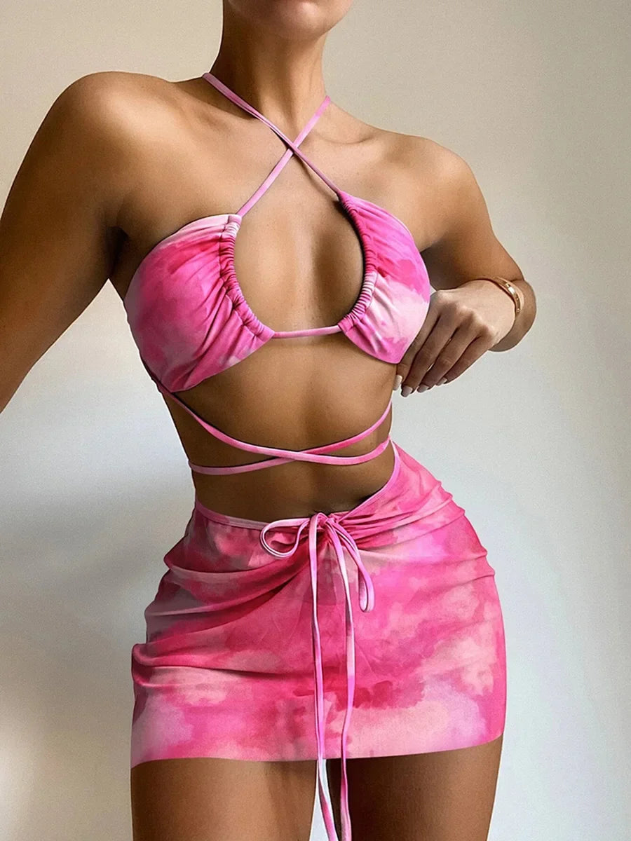 Mesh Sarong Skirt Bikini Three Piece Swimsuit pink / S