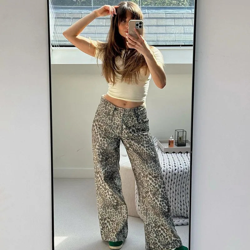 Leopard Print Stylish Straight Trousers Long