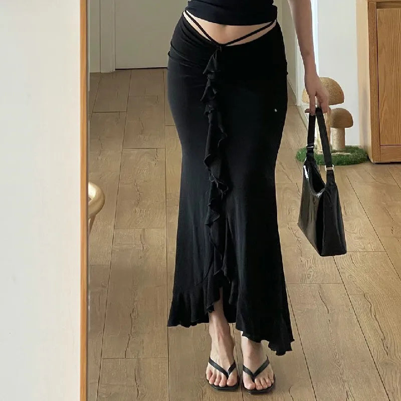 Solid Ruffles Bandage Street Skirt Black / S