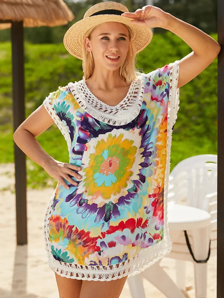 Tie Dye Hollow Beach Cover Up color2 / One Size