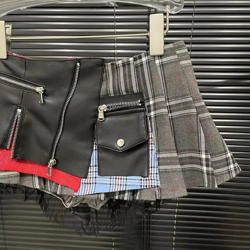 Cotton Lace Patchwork Plaid Skirt