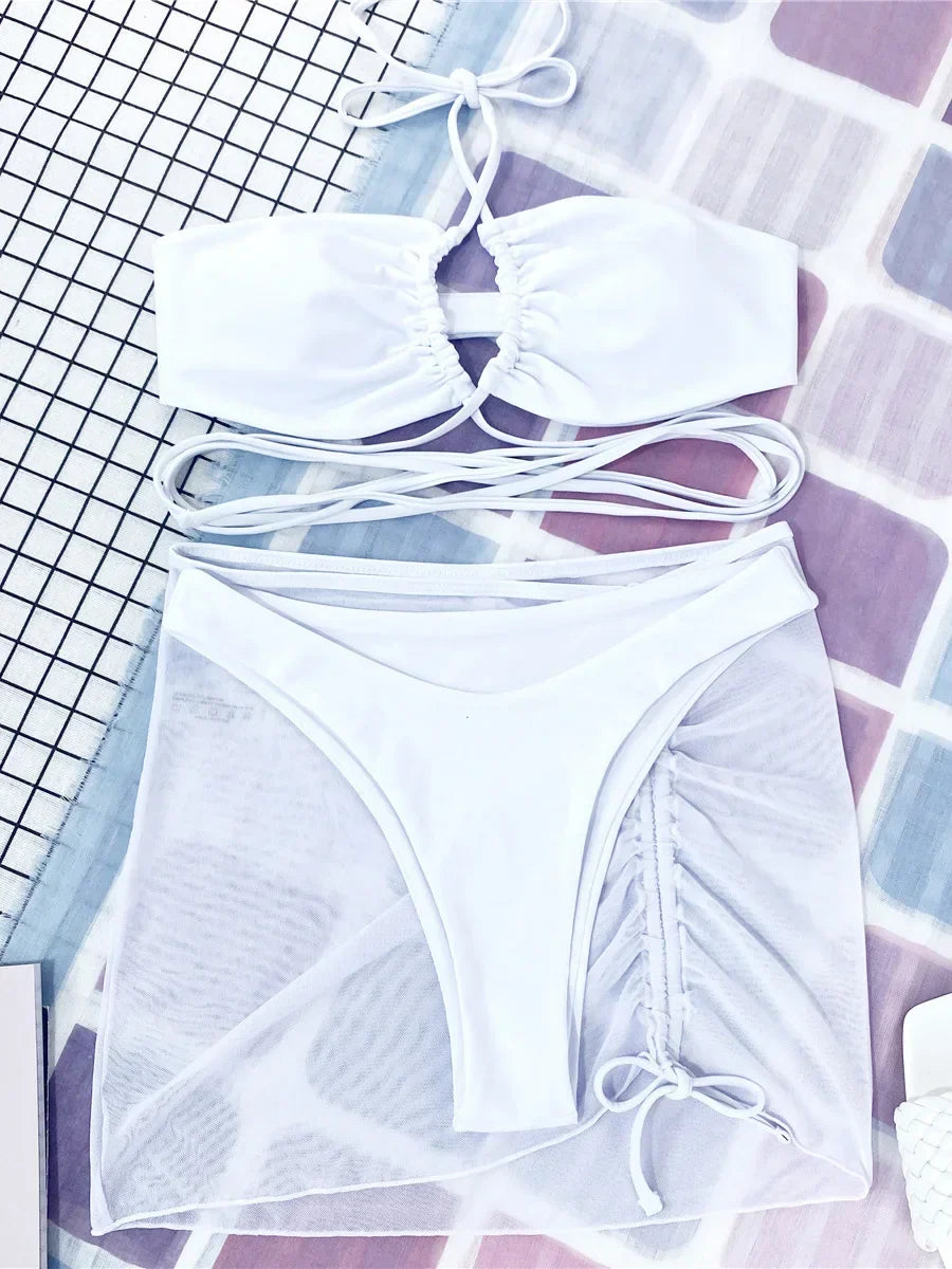 Mesh Sarong Skirt Bikini Three Piece Swimsuit White / S