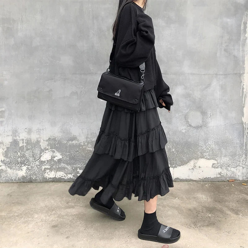 Gothic High Low Ruched Ruffle Skirt