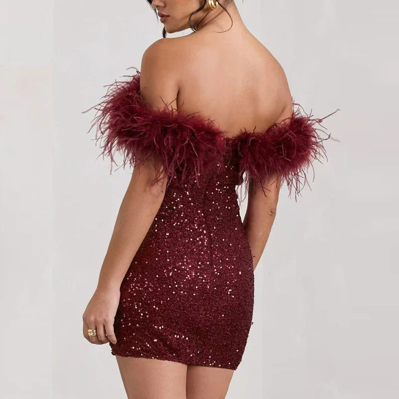 Backless Glitter Feather Slim Party Dress Partydress-241208