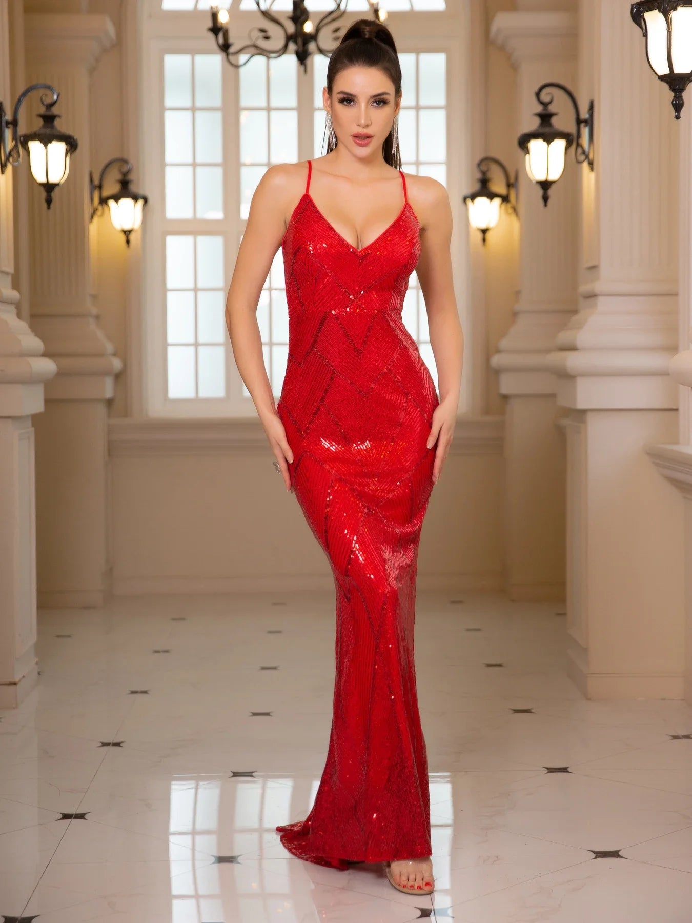 Backless Padded Sequin Party Dress Red / S Partydress-241208