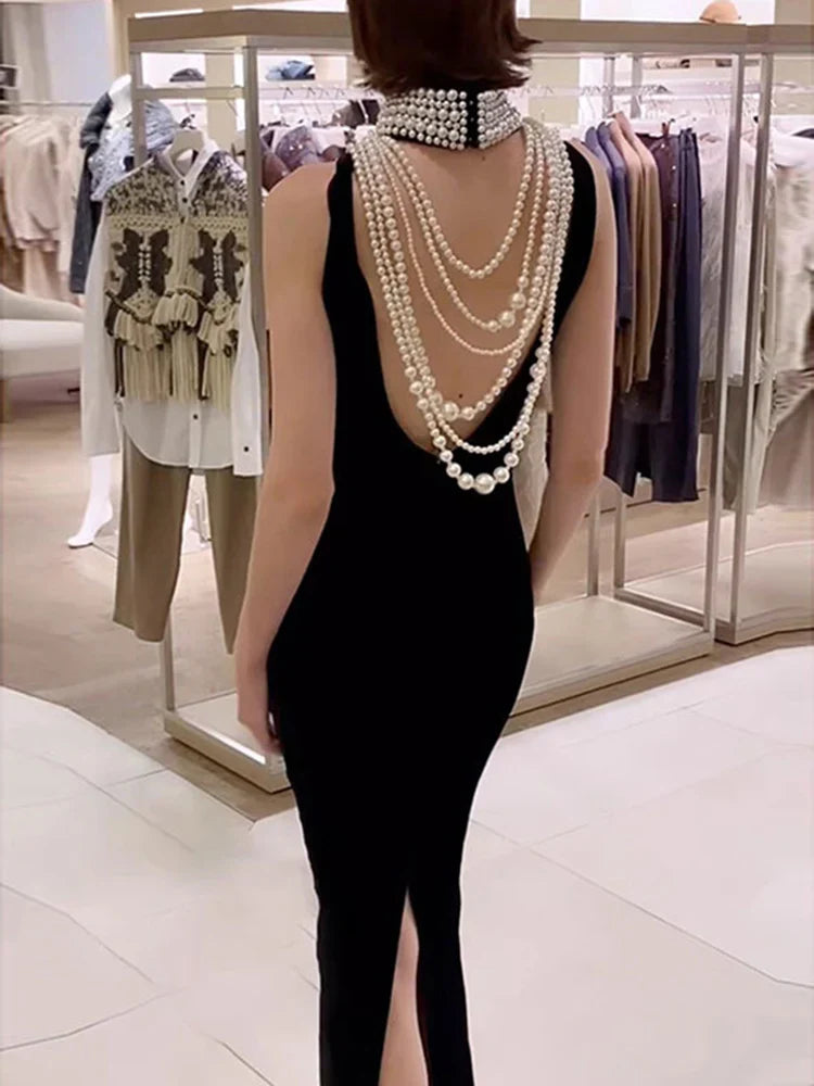 Sexy Black Velvet Halter Neck Pearl Chain Long Dress Maxi Christmas Party Dresses-L