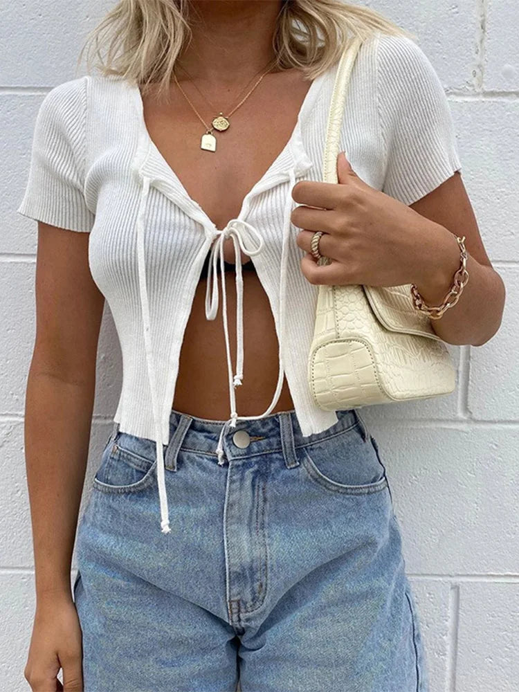 Sexy Cropped Lace Up Hollow Out Front Split Slim Streetwear Crop Top